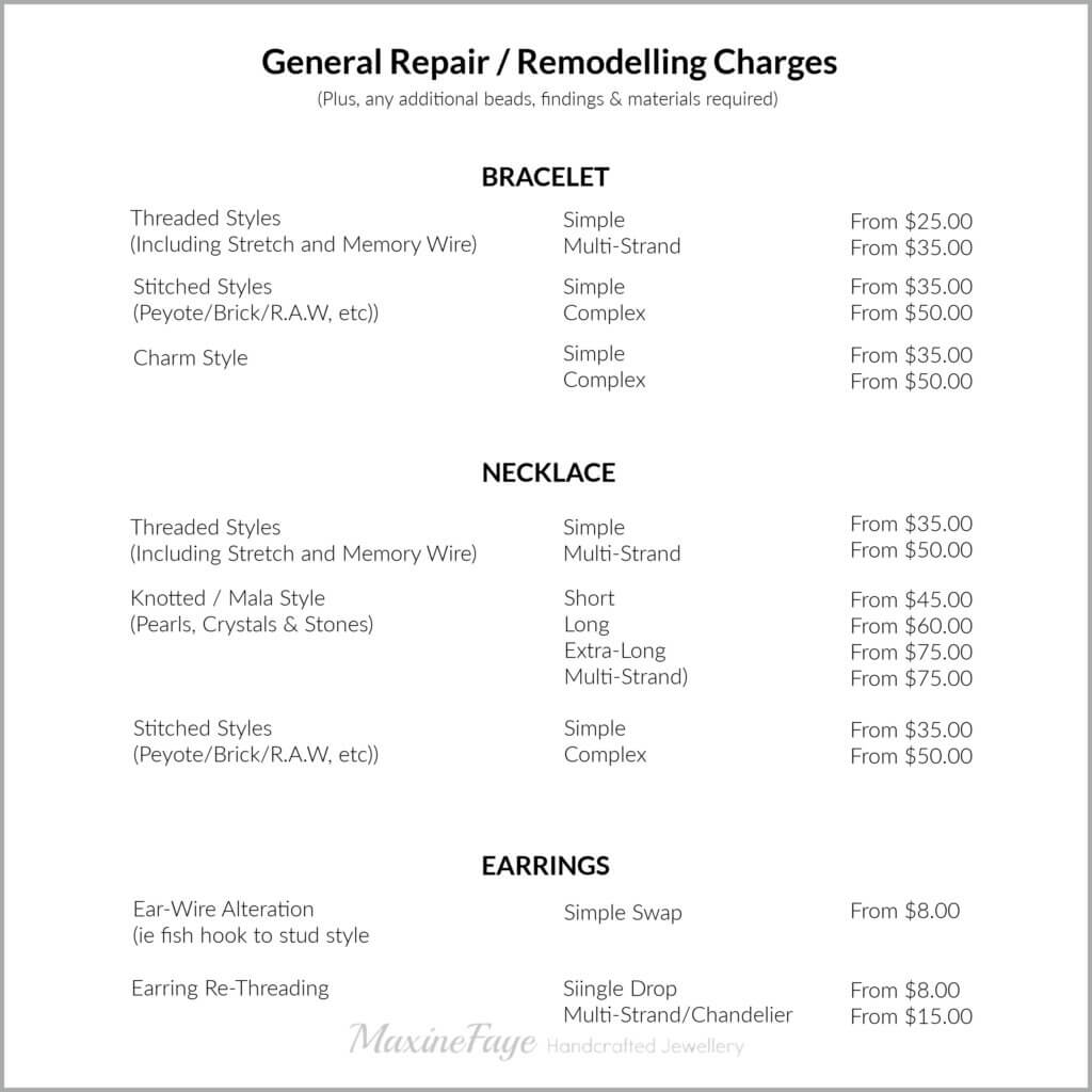 General Repair-Remodelling Charges-2023-MaxineFaye Handcrafted Beaded Jewellery