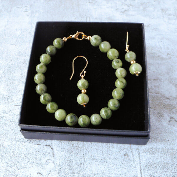 Serpentine and gold bracelet and earrings