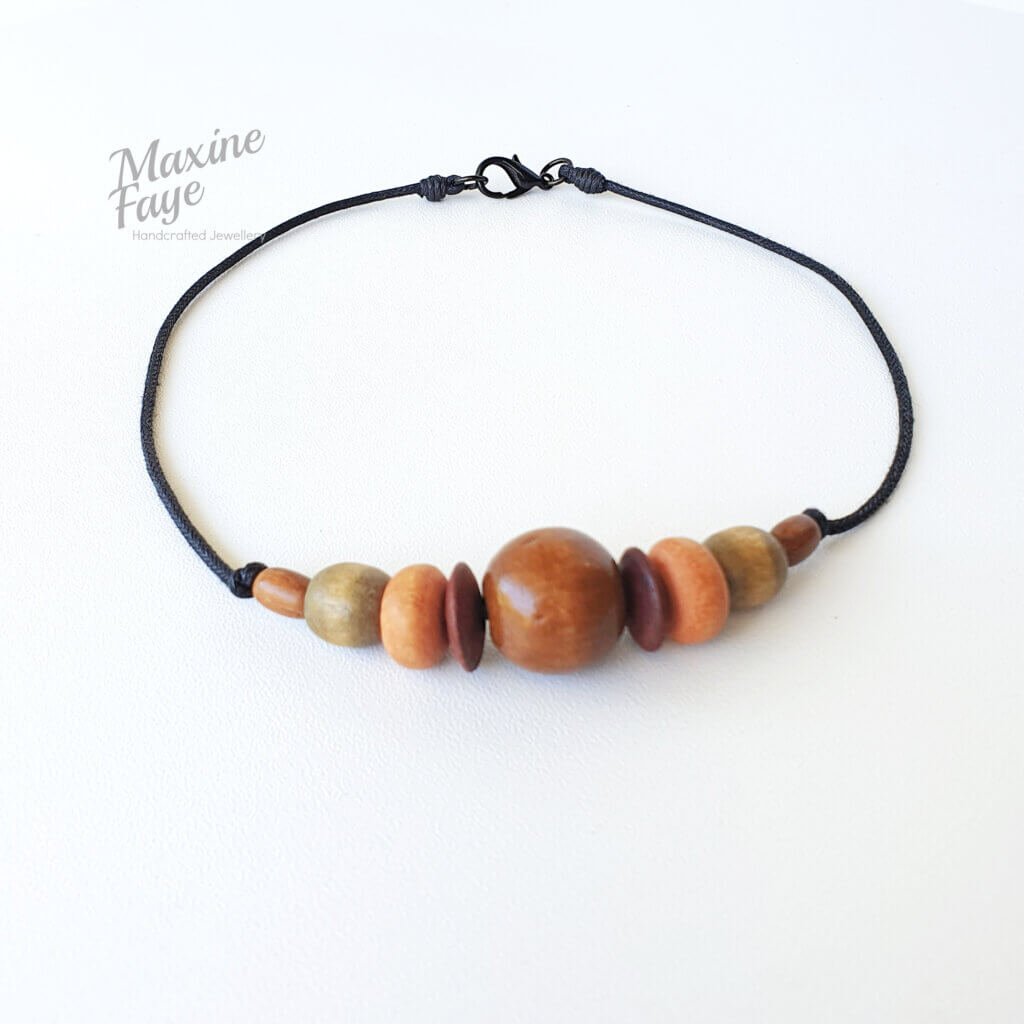 Natural Beauty necklace with a lobster style clasp @MaxineFaye Handcrafted Jewellery waxed cord assorted wood beads 