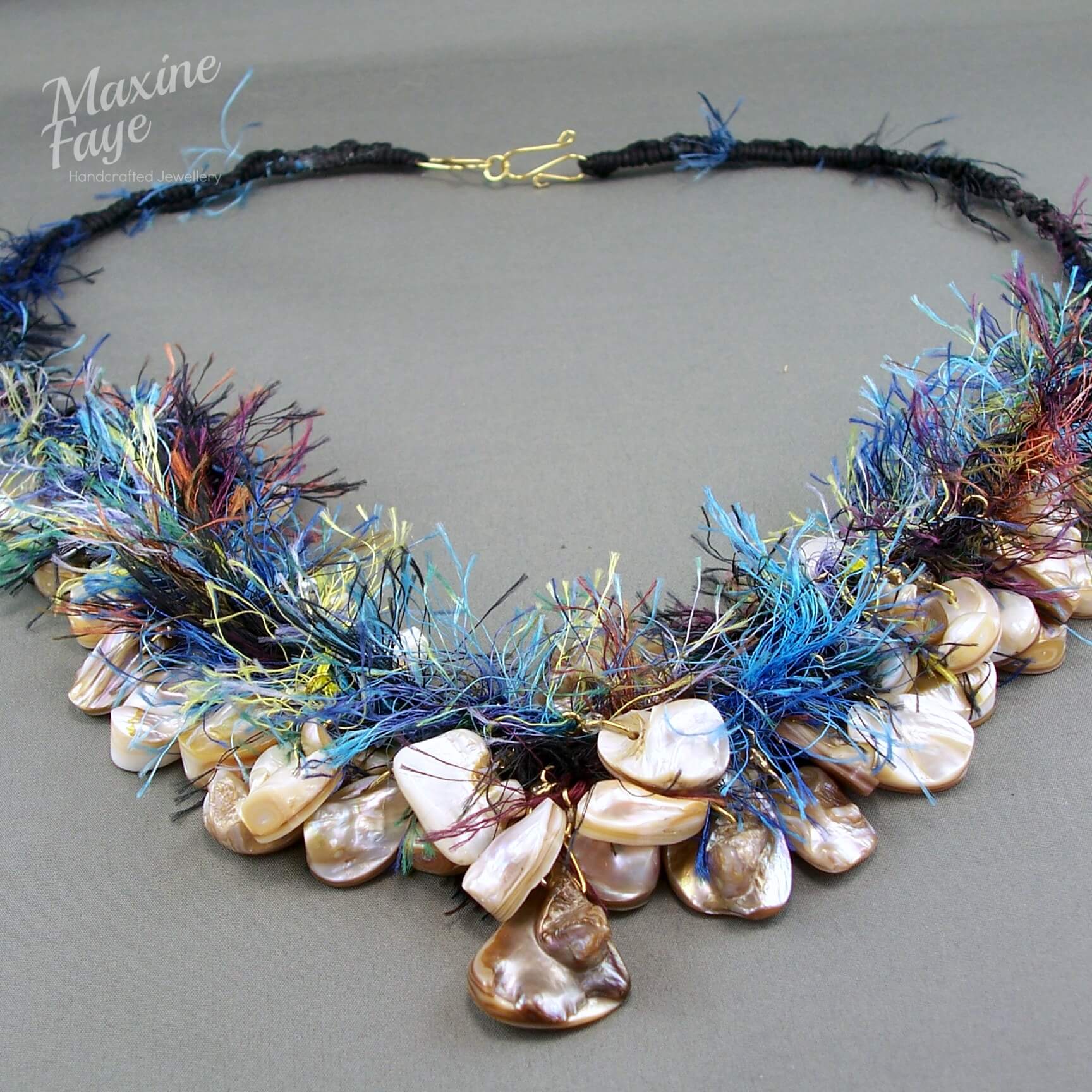 Hook and eye clasp on original OOAK  shell and fibre necklace by MaxineFaye Handcrafted Beaded Jewellery