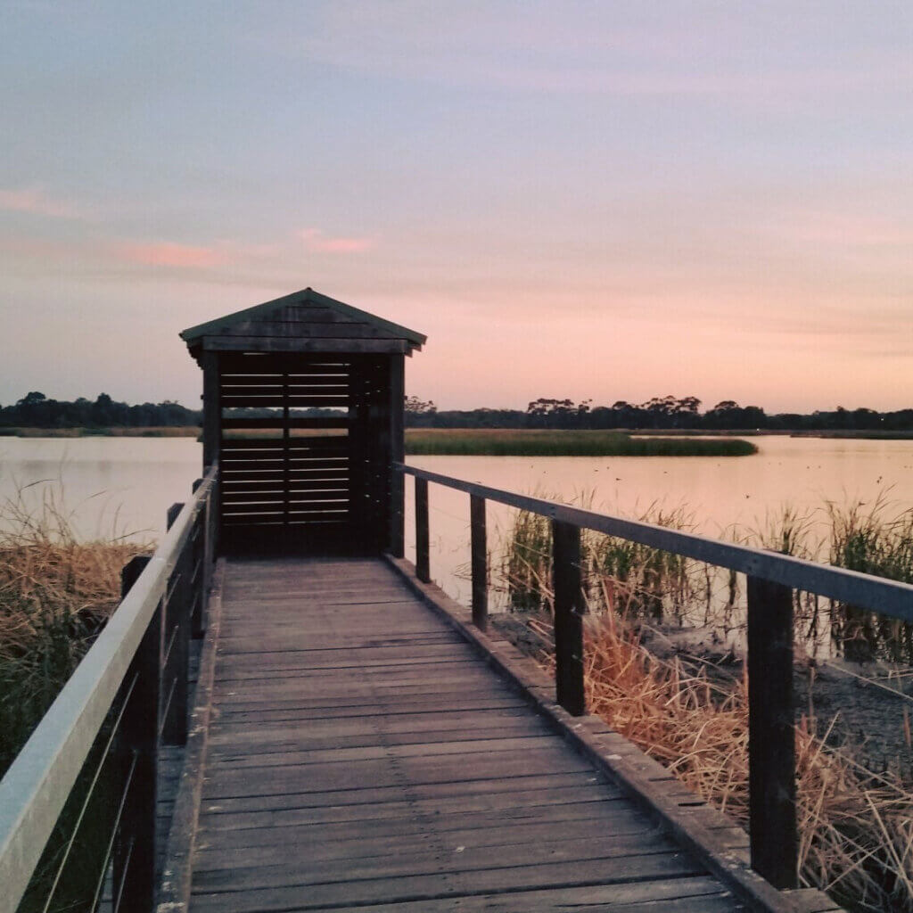 Bibra Lake bird hide on western side of reserve an inspiration for colours and textures 