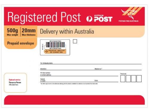 Registered post envelope with Australia Post
